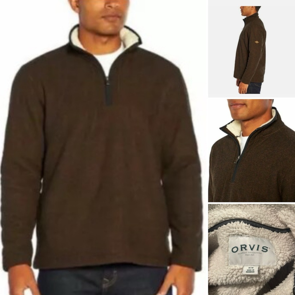 Orvis Men's Brown Quarter-Zip Sherpa lined waffle knit pullover Medium